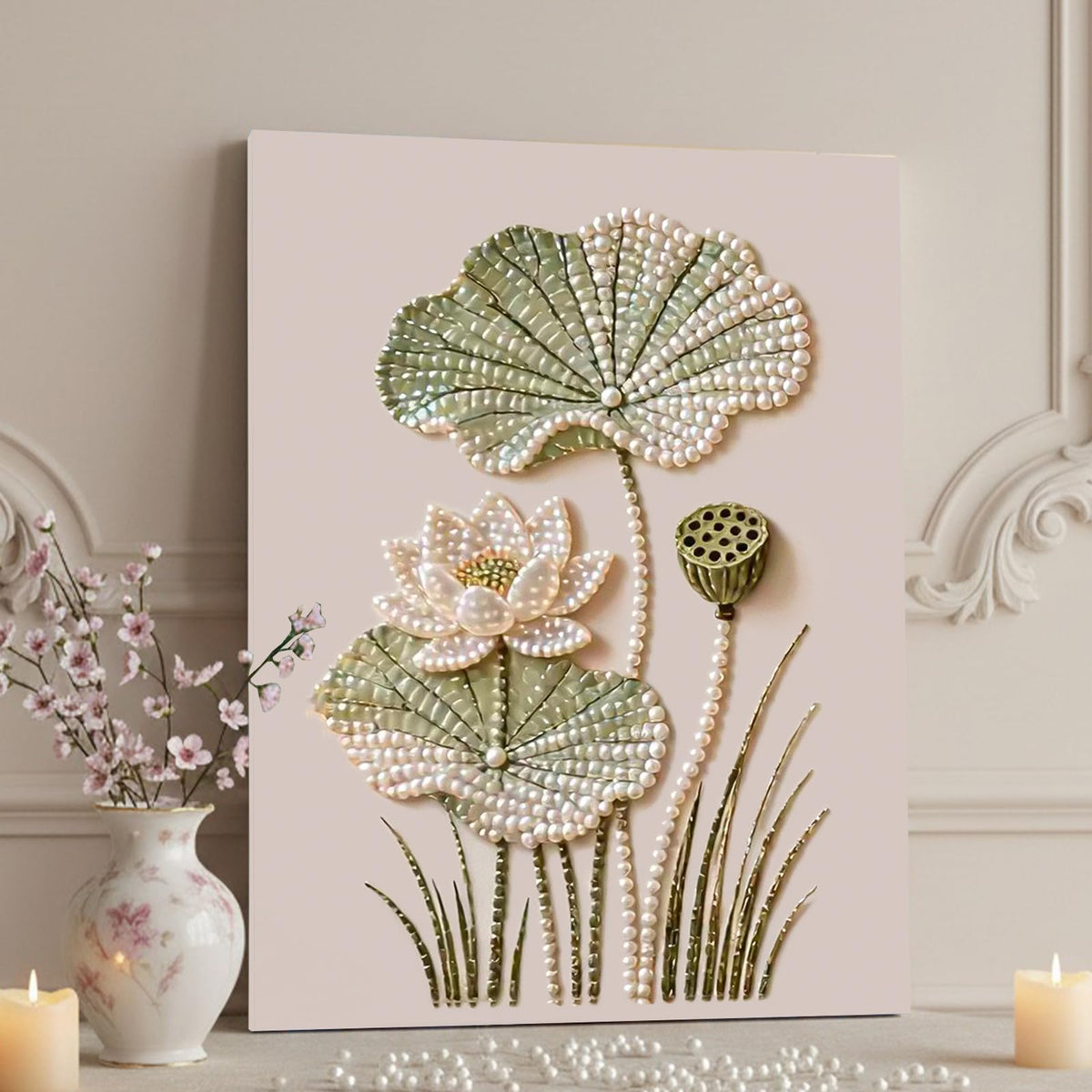 DIY Diamond Pearl Painting Kit for Adults, Flower 3D Pearl Painting Craft with Wooden Frame 40x50cm, Beginner Friendly Home Wall Decor Art, Gift for Women Men Housewarming (Lotus)