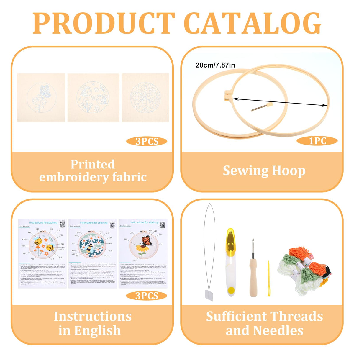 3 Pcs Punch Needle Kits, 7.87 Inch Cute Floral, Bees and Butterfly Punch Needle Kit for Adults Beginner Children Needles Punching kit with Embroidery Hoop, Instruction, Fabric, Sewing Needles, Yarns