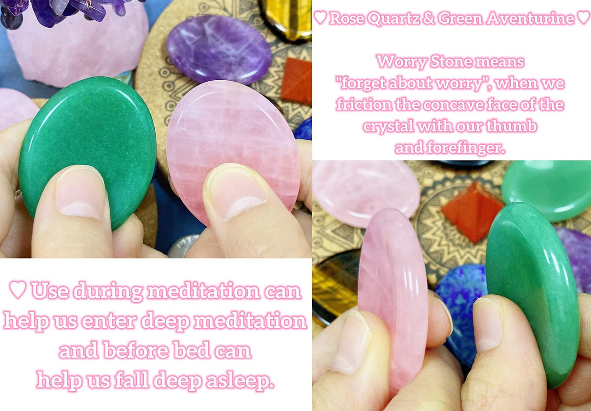 QINJIEJIE 2PCS Thumb Worry Stone for Anxiety Healing Crystals Sets Rose Quartz Crystals Green Aventurine Hand Carved Gemstone Oval Pocket Meditation Crystal Palm Stone Anxiety Relief Items