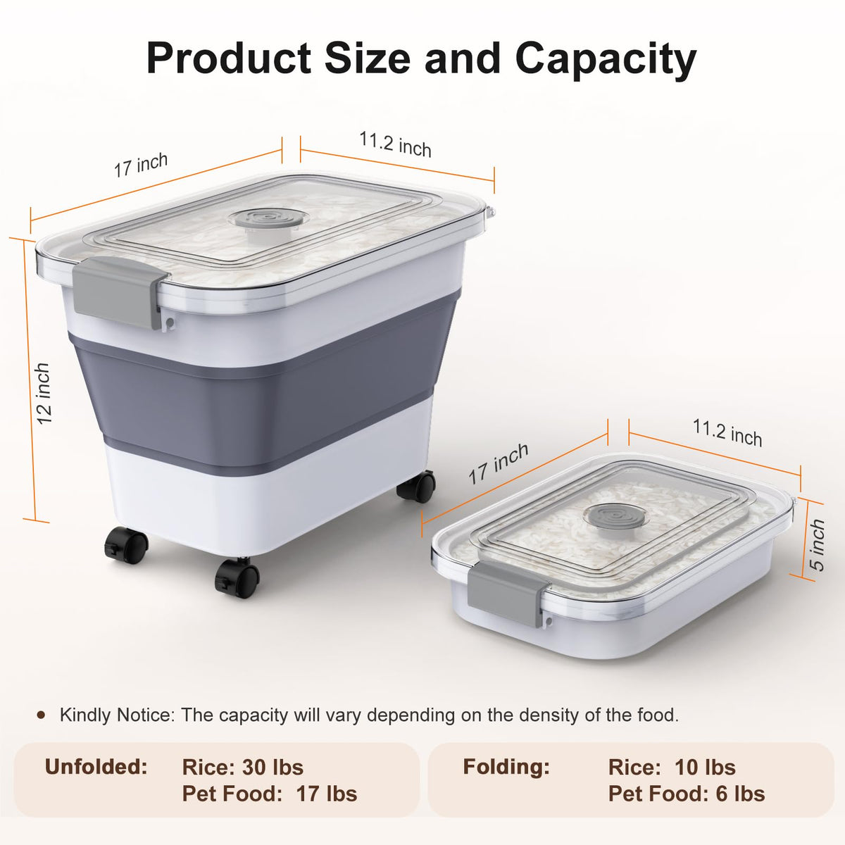 Rice Storage Container, Collapsible Airtight Food Storage Containers 20-30lbs with Clear Lid and Wheels, Rice Dispenser with Scoop for Flour Cereal Pasta Grain, Cat Pet Bird Dog Food Storage Container