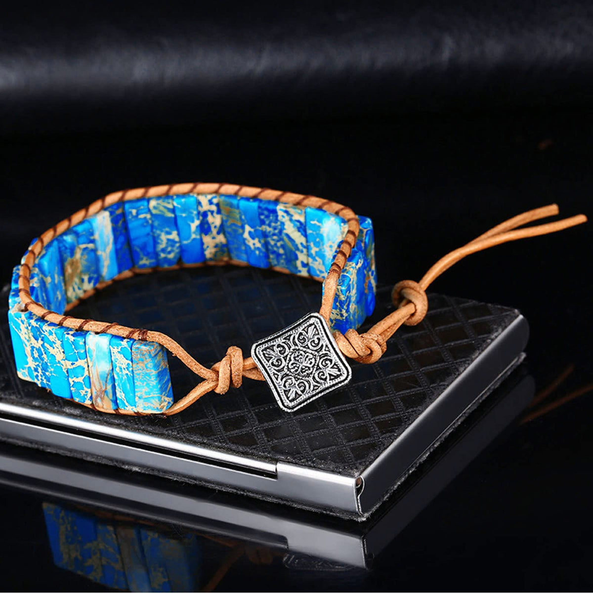 KunBead Blue Chakra Imperial Jasper Bracelets for Women Healing Crystal Natural Stone Bead Leather Wrap Handmade Rope Adjustable Bracelets