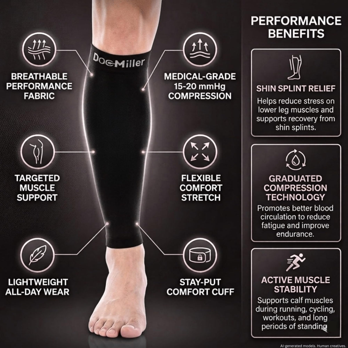 Doc Miller Calf Compression Sleeve for Petite Women & Men, 15-20 mmHg, Footless Leg Sleeve Brace for Varicose Veins, Pregnancy, Running & Cycling, Knee-High, Shin Splints, Recovery, 1 Pair