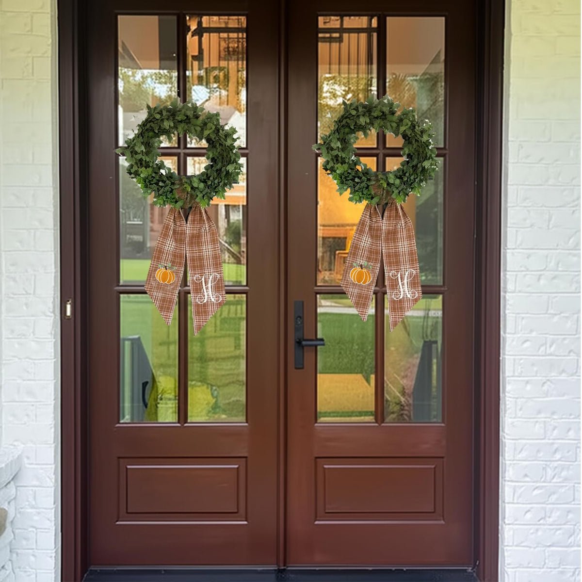 Autumn Door Wreath Sash Embroidered with White Letters and Pumpkins On A Plaid Wreath Sash Ideal for Housewarming Gifts, Autumn Thanksgiving, Halloween, and Christmas Porch Decorations -T