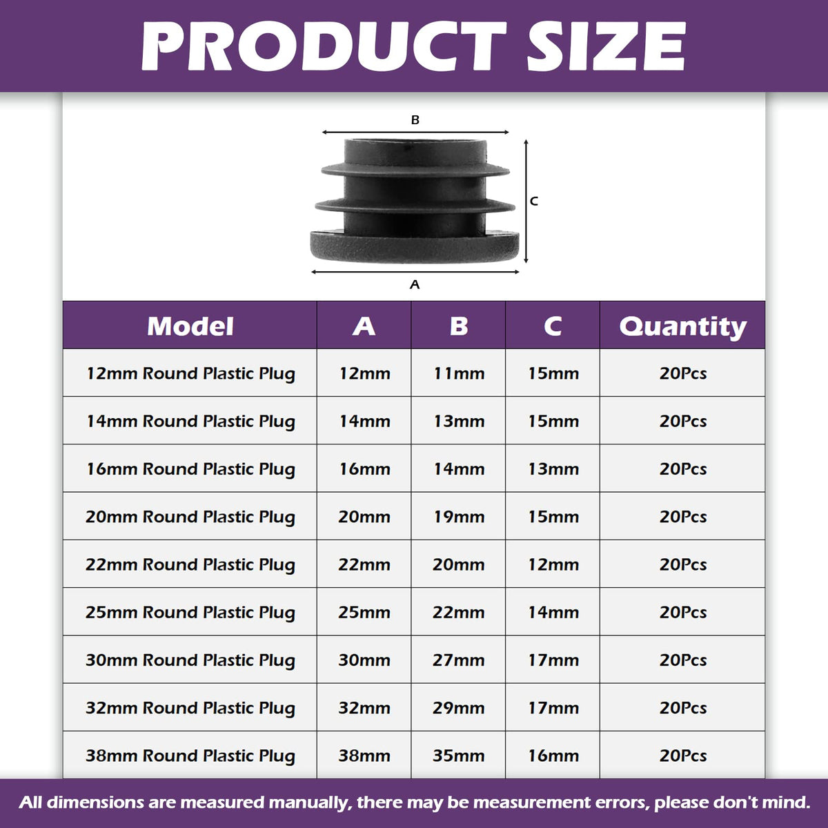 Swpeet 180Pcs 9 Sizes 15/32" 11/20" 3/5" 3/4" 9/10" 1" 1-1/5” 1-1/4" 1-1/2" Black Round Plastic Plug Tubing End Caps Assortment Kit, Tubing Post End Cap for Metal Tubing and Furniture Protection Glide