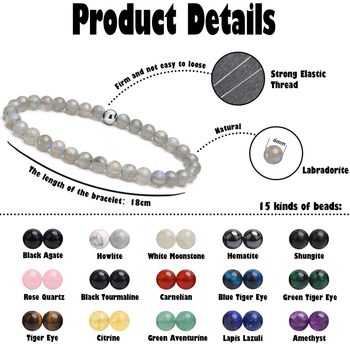 BONNY BOXX 6mm Natural Stretch Labradorite Bracelet for Unisex, Handmade Elastic Healing Crystal Gemstone Bracelet Yoga Stress Relief Gift for Men Women