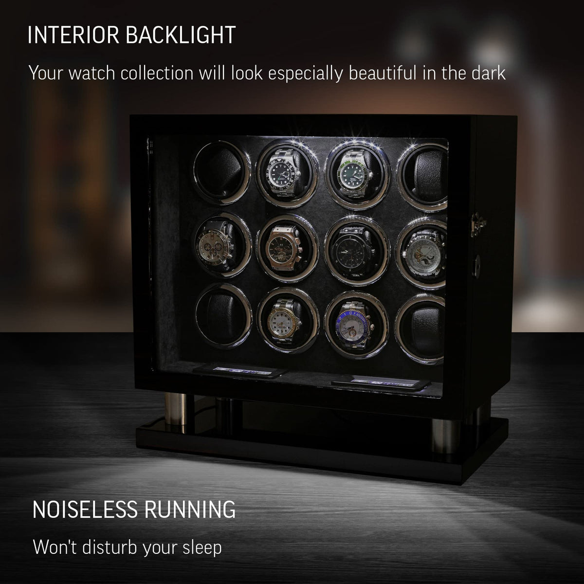 12 Watch Winder for Automatic Watches with LED Light and LCD Touchscreen Control (White)