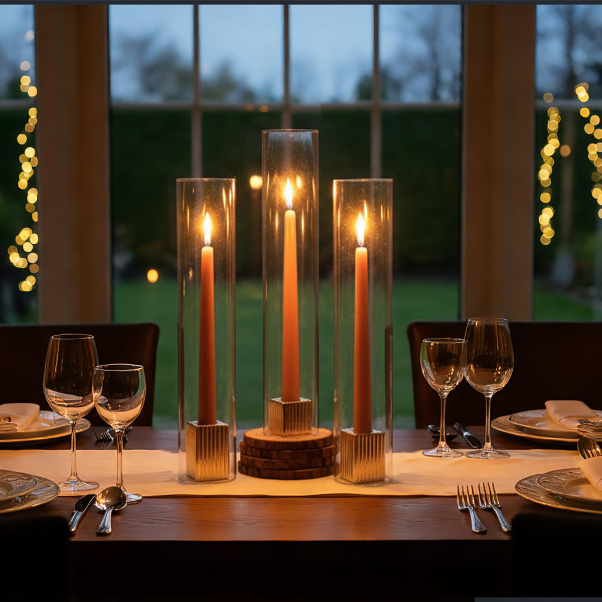 LETINE 14" Tall Hurricane Candle Holders with Gold Ribbed Taper Candle Holders Set of 3– Bulk Windproof Taper Candle Hurricane Glass for Outdoor&Indoors Wedding Centerpiece, Event & Home Decor