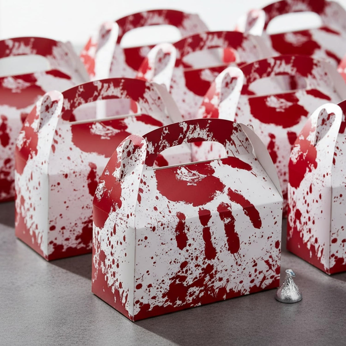 Fun Express Halloween Horror Party Favor Boxes - 6" x 5.25" (12 Pcs.) - Bloody Cardstock Treat Holders - Ideal for Spooky-Themed Events, Costume Parties, and Trick-or-Treats