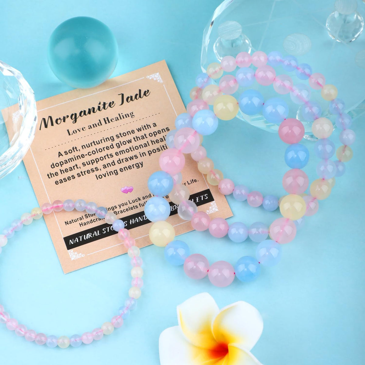 AD Beads 10mm Handmade Morganite Jade Elastic Bracelet – Natural Gemstone for Joy & Positivity – Meditation, Yoga, Healing and Energy Gift for Men Women