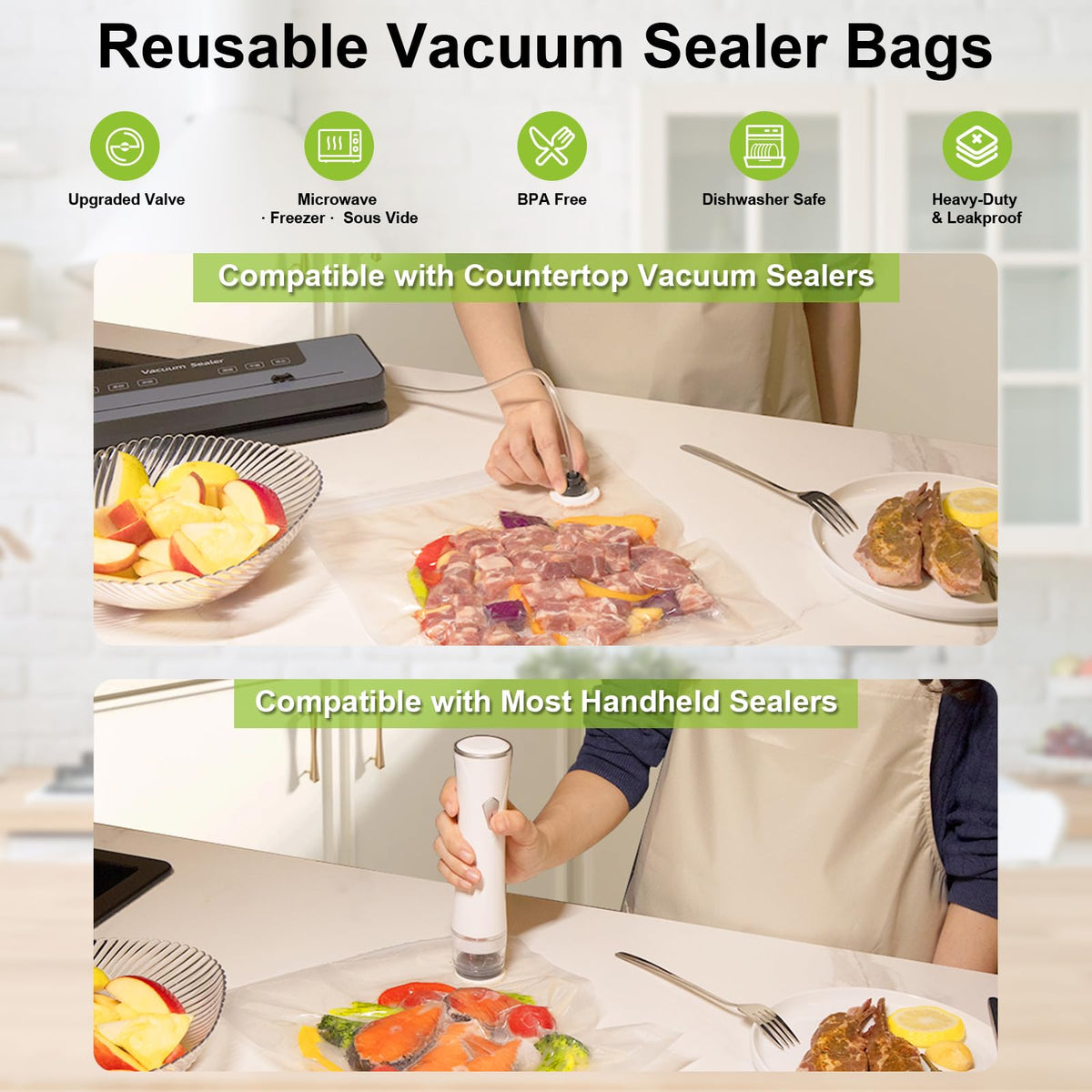 TomCare Vacuum Sealer Bags for Food: 50 PCS with 6 Clips - 12x19”(XL, 10PCS) 12x13”(L, 20PCS) 10x11”(M, 20 PCS) Reusable Vacuum Seal Bags Food Storage Vacuum Bags for Sous Vide Freezer Microwave