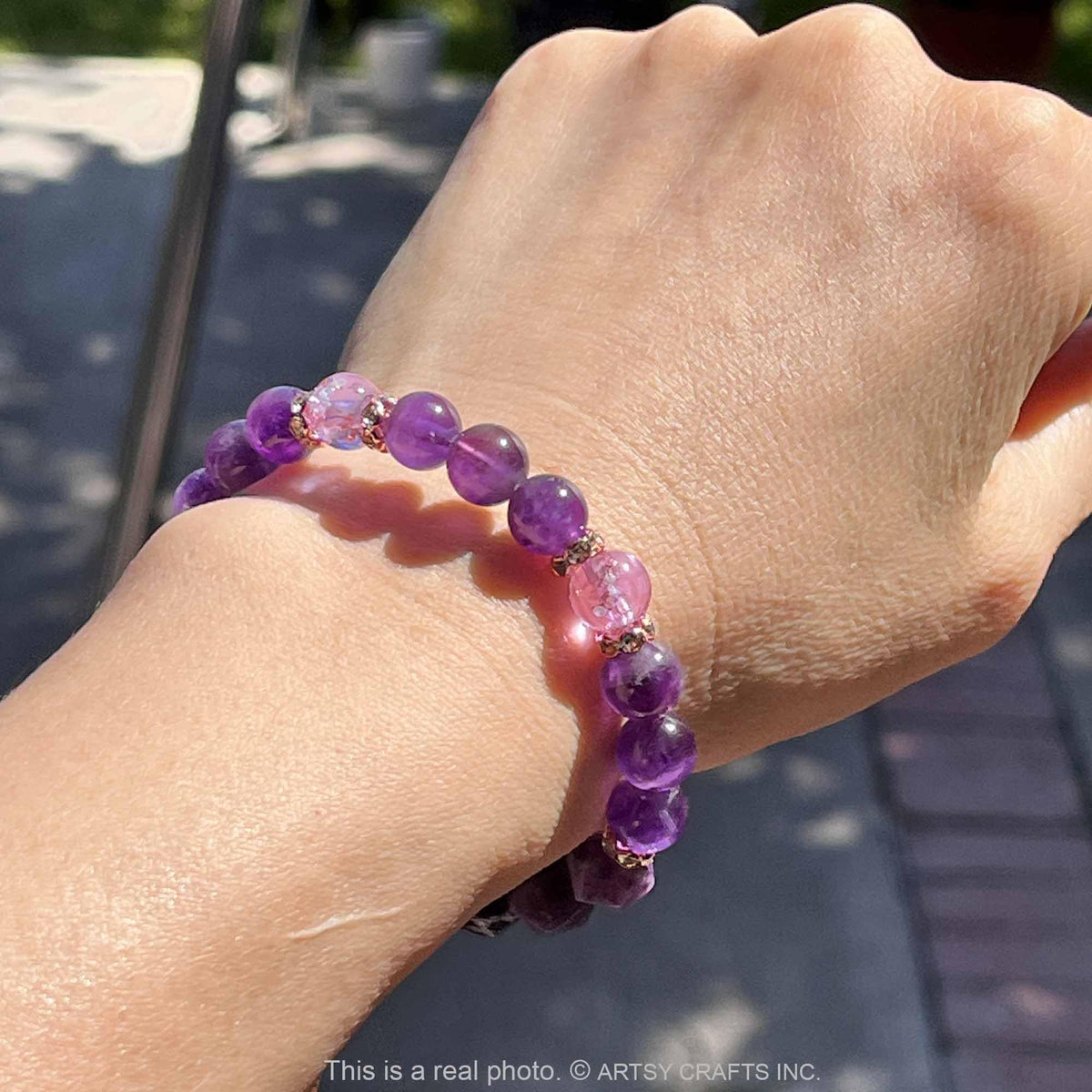 ARTSY Crafts Amethyst + Glow in The Dark Firefly Beads Bracelet, Handmade in USA, Luminous Murano Glass Beads Jewelry Mermaid Crystals (Amethyst - Slider)
