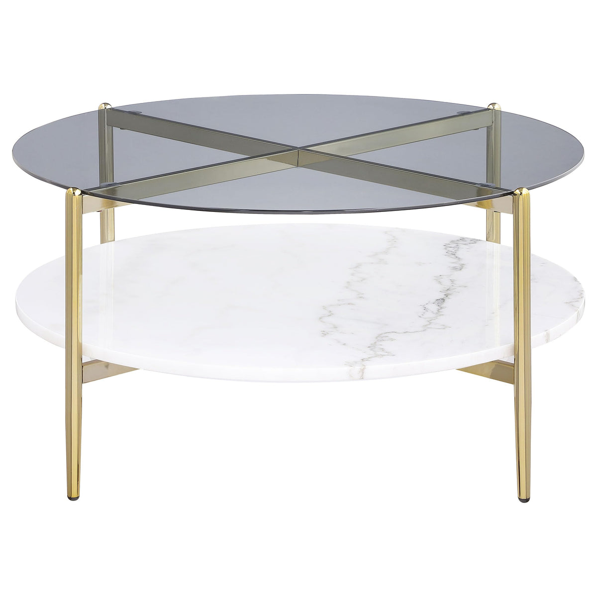 Coaster Home Furnishings - Jonelle - Round Coffee Table with Glass Top, White Marble Shelf and Gold Chrome Frame - Living Room - 33-Inch - Smoke - 710338
