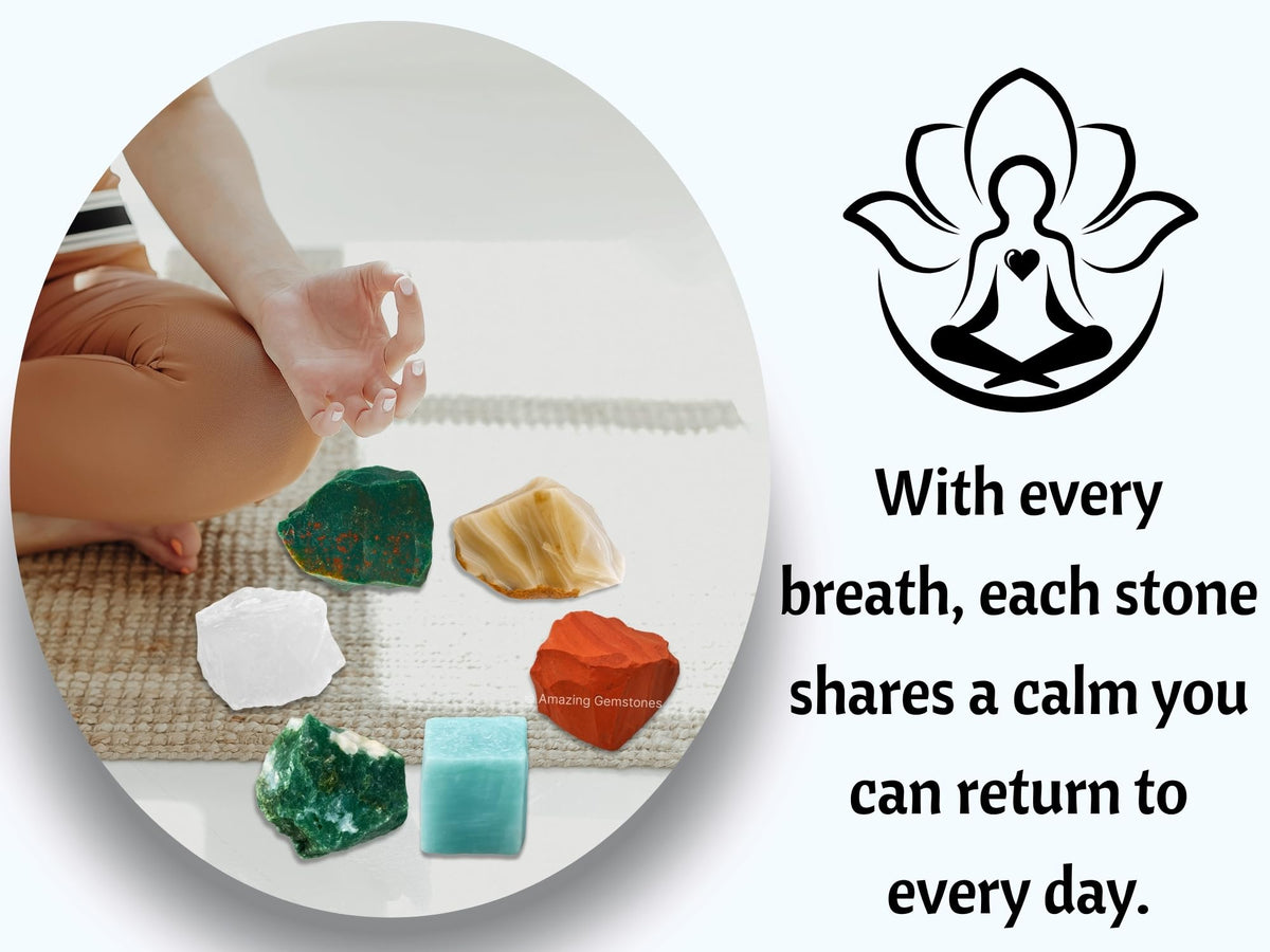 Amazing Gemstone Crystals for Pain Relief Manifestation, Set of 6 Blood Stone, Amazonite, Clear Quartz, Red Jasper, Lace Agate and Moss Agate Healing Crystals and Stones