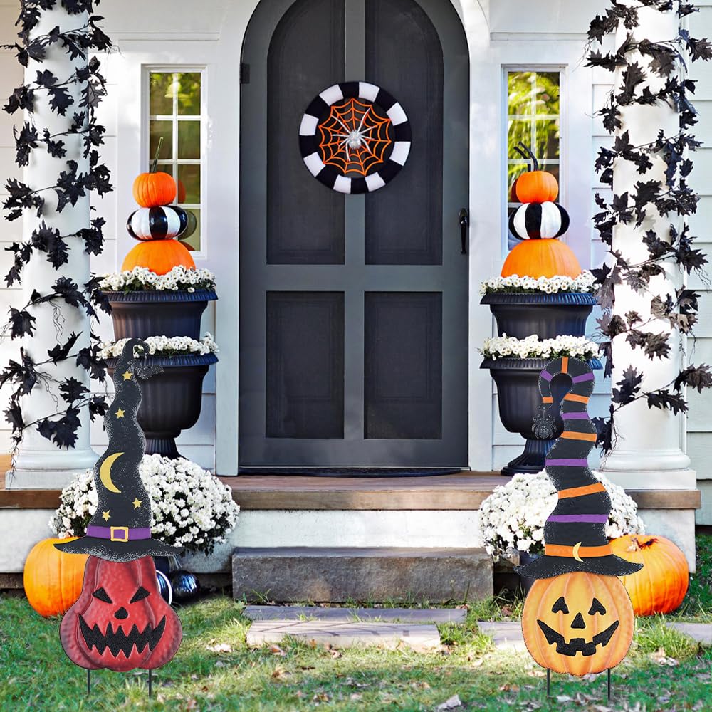 YEAHOME Halloween Decorations Outdoor, 2 Pack Metal Pumpkin Garden Stakes with Witch Hats for Halloween Decor, Jack o' Lantern Pumpkin Yard Signs for Outside Garden Lawn Patio Party Decorations