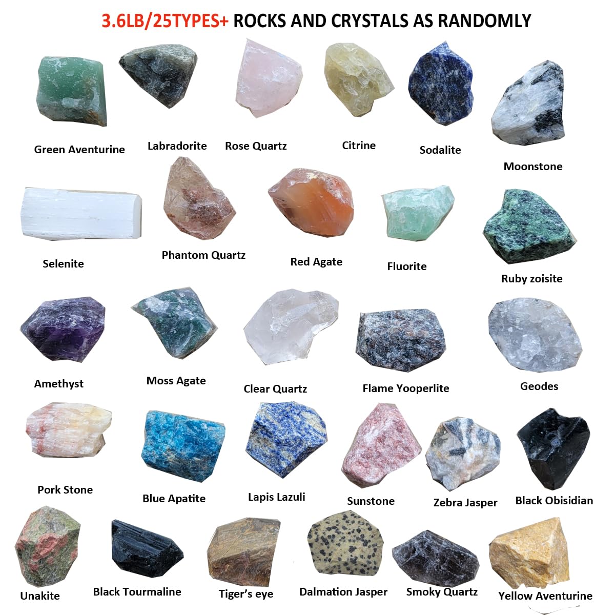 3.6lbs Bulk Natural Rocks for Tumbling,25Kinds Rocks Minerals Collections Raw Crystals Rough Stones for Polishing Gemstones Crystals and Healing Stones for Wicca Reiki (3.6lb(60-80pcs))