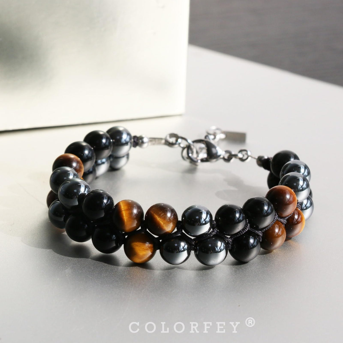 Triple Protection Bracelet for Men, COLORFEY Healing Tigers Eye Obsidian Hematite Stone Bracelet Pyramid Tiger Eye Bead Bracelets 8mm, Premium Handcrafted Stainless Steel Bracelets Luck Gift for Men