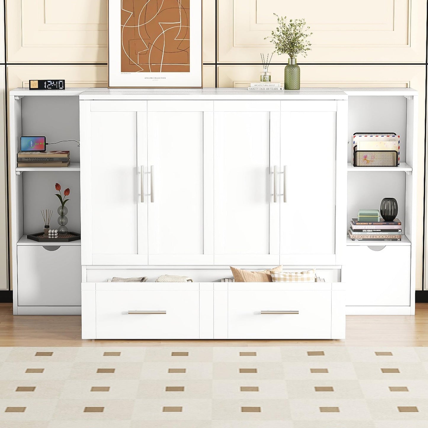 Merax Murphy Bed Frame Queen Size Cabinet with Shelves, 2 Drawers and USB Ports, Wood Versatile Platform Wall Bed