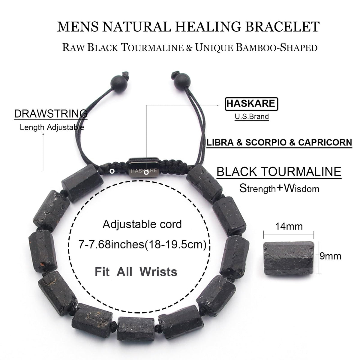 HASKARE Natural Stone Tourmaline Crystal Bracelets for Men, Protection Crystals Raw Black Tourmaline Beads Bracelet, Mens Energy Healing Bracelets for Anxiety, Handmade Bracelet Gifts for Men