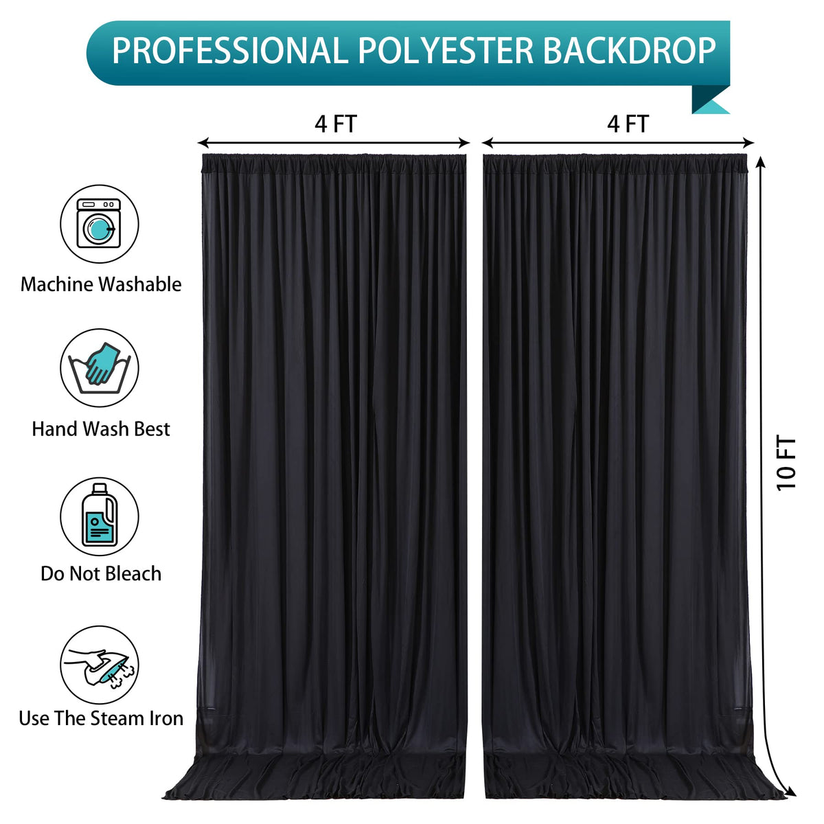 Black Backdrop Curtain 2 Panels-Wrinkle-Free Black Curtains Polyester Photography Drapes for Wedding Birthday Party Photo Background Backdrop Stand- 8 X10FT