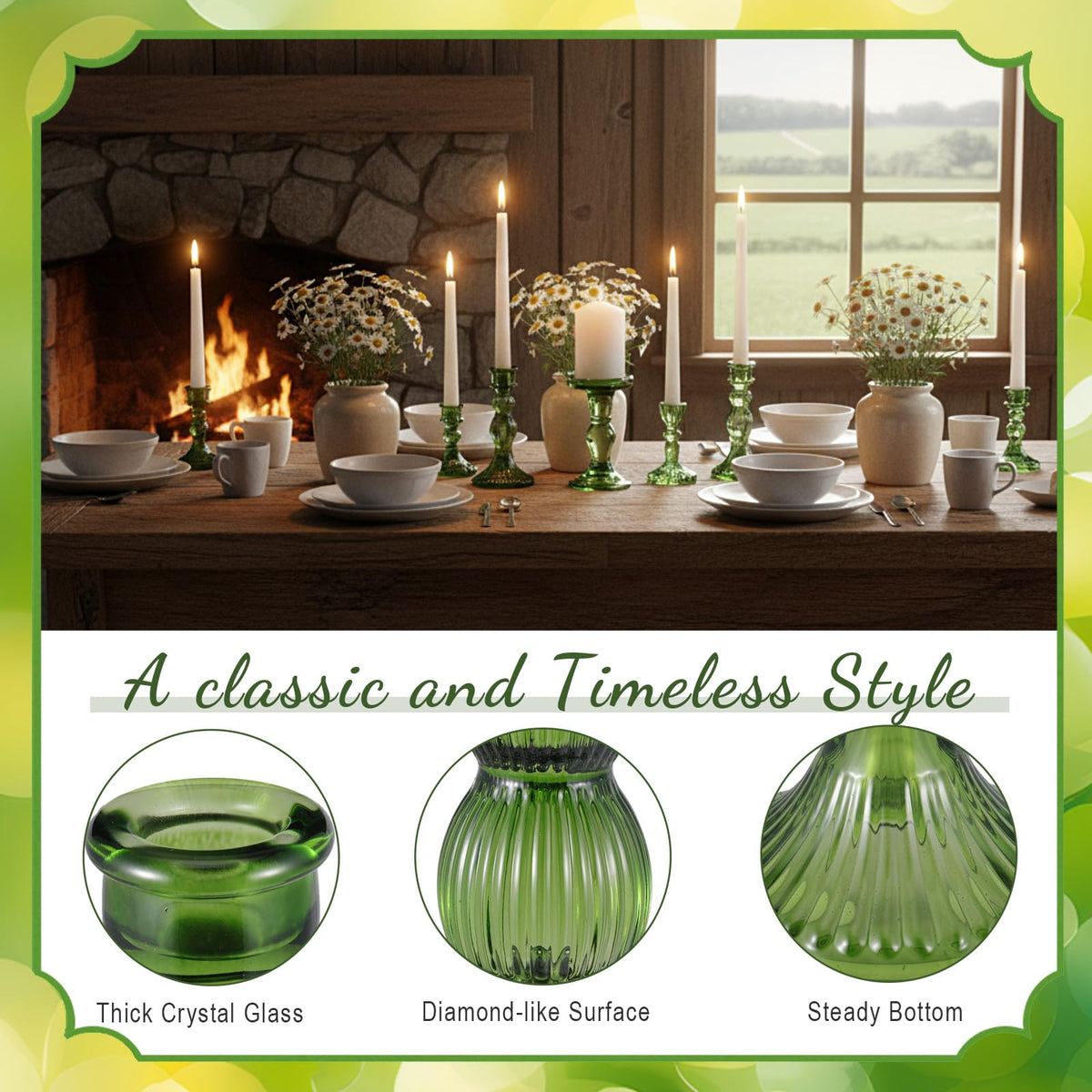 Mumufy 10 Pcs Glass Crystal Taper Candle Holders Clear Glass Candlestick Holder Fit 0.8 Inch Candles Crystal Decorative Candle Stand Centerpiece Table Wedding Dining Party (Classic,Green)