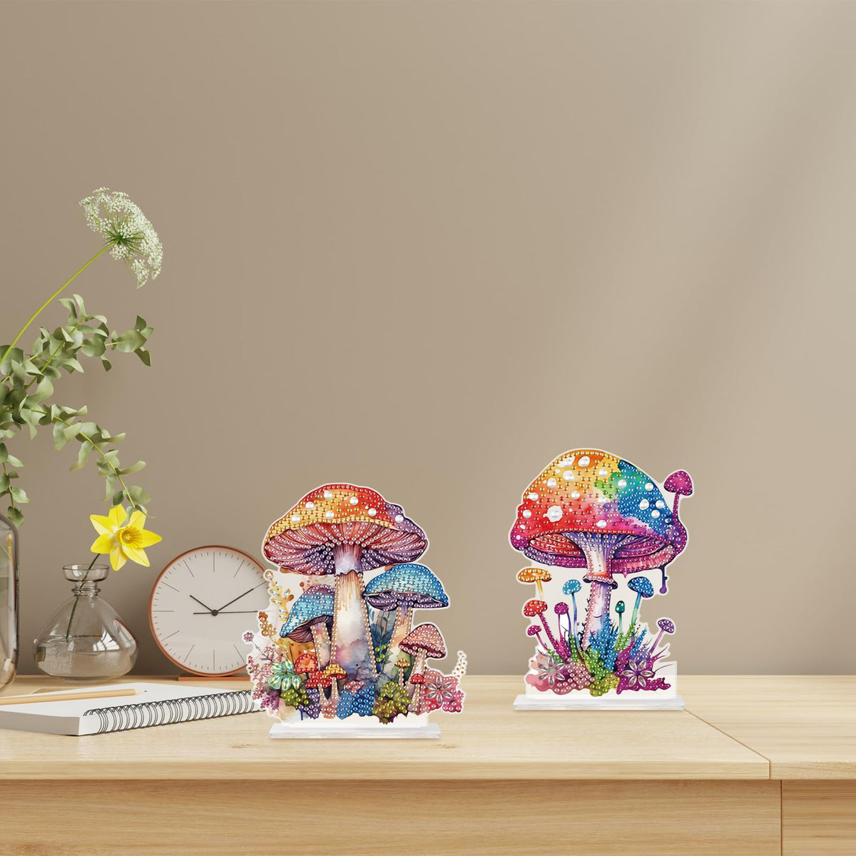 antor 2 Pcs Mushroom Diamond Art Tabletop Ornaments, 5D Acrylic Crystal Diamond Painting Desktop Kits for Adults, DIY Special Shaped Diamond Art Desk Decorations for Home Office, Desktop Crafts Gifts
