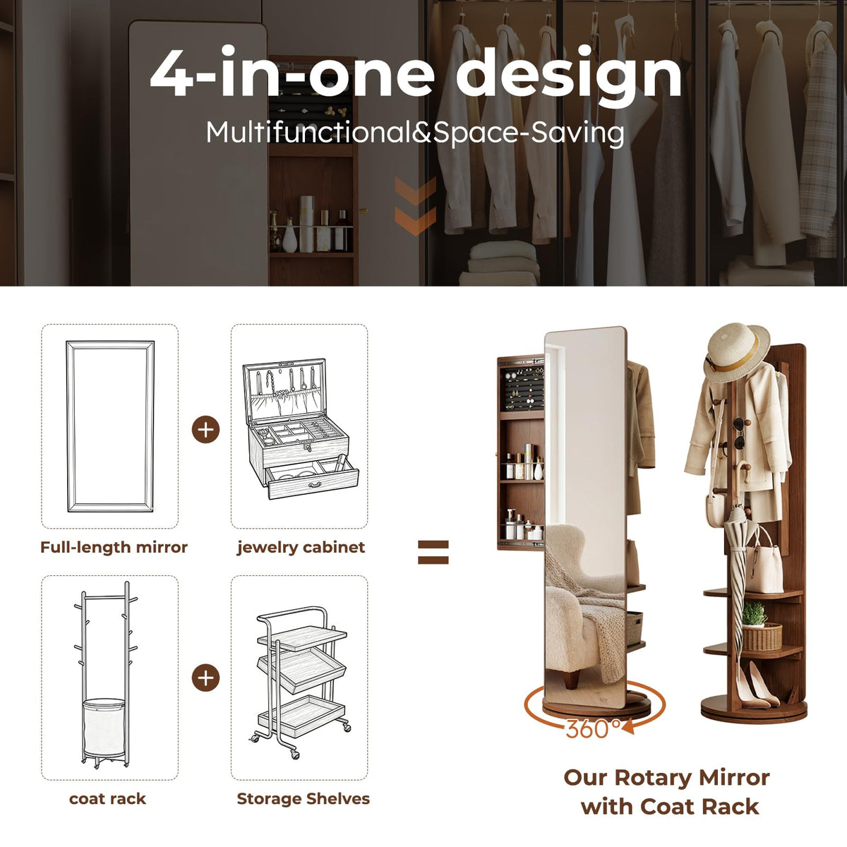 Mansfieler 69" H×20" W Solid Wood Mirror Jewelry Cabinet,360°Swivel Jewelry Organizer,Jewelry Armoire Cabinet Standing,Full Length Mirror with Storage&Coat Rack,Walnut