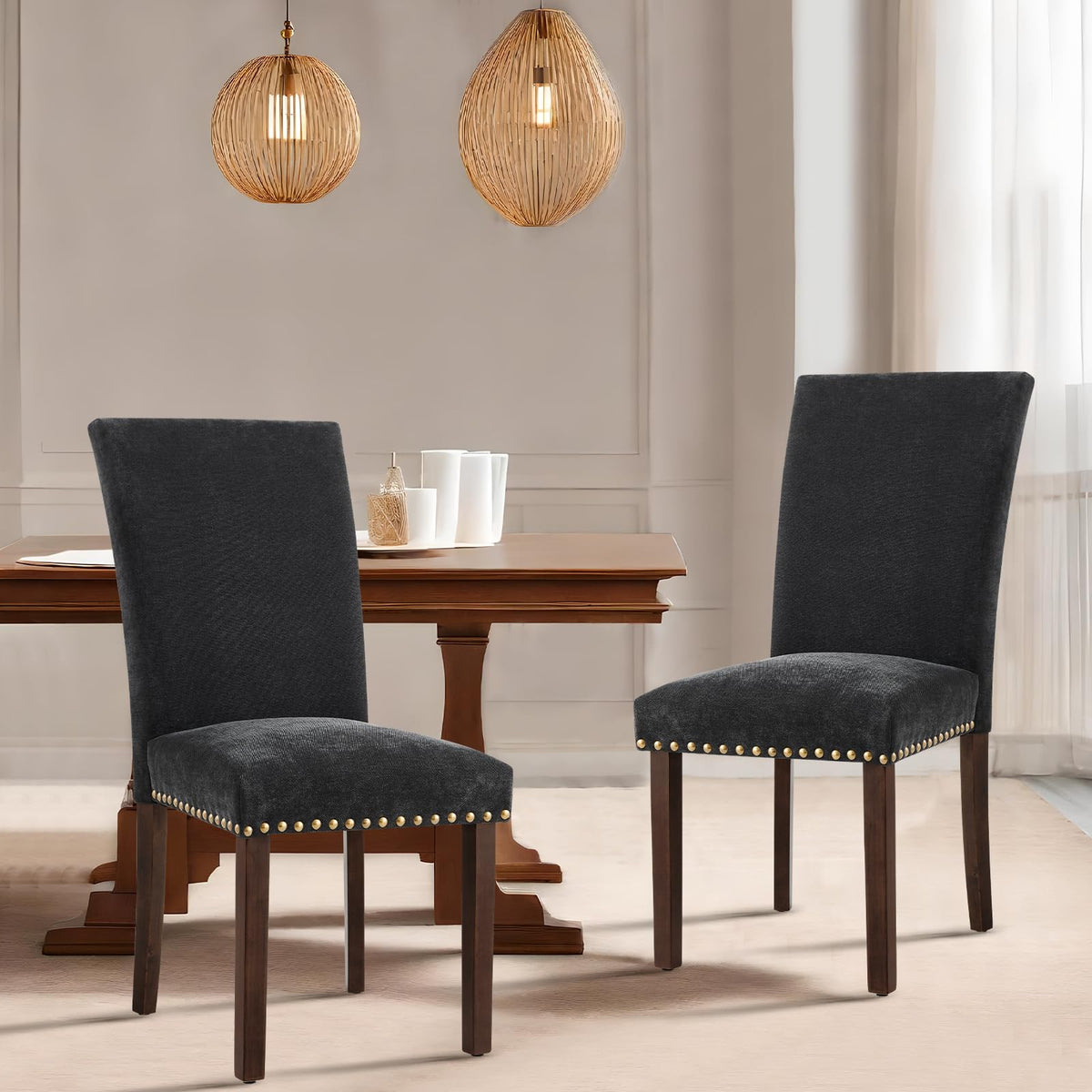 COLAMY Upholstered Parsons Dining Chairs Set of 4, Fabric Dining Room Kitchen Side Chair with Nailhead Trim and Wood Legs - F-Black