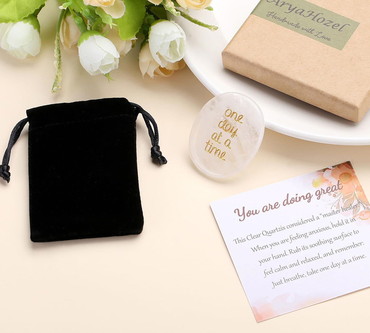 QINJIEJIE One Day at A Time Clear Quartz Worry Stone Healing Crystal Thumb Stones Thinking of You Gifts for Anxiety Relief Items You Got This Inspirational for Friend Encouragement Gift for Women Men