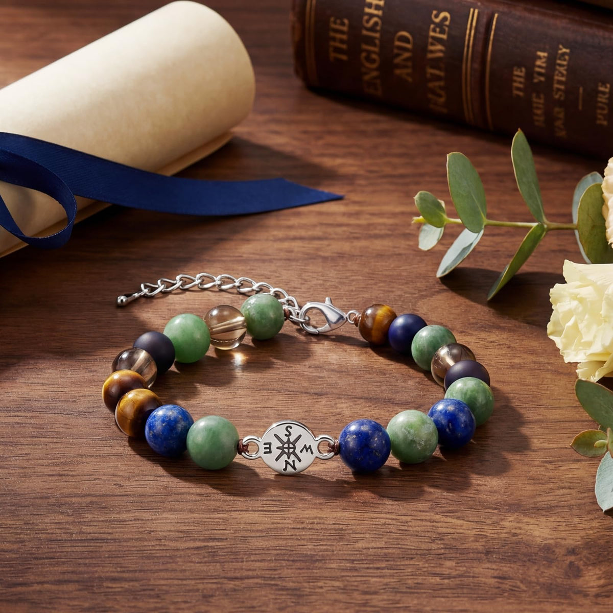2026 Graduation Bracelet Gift Set for Her Him, 7 Chakra Bracelet & Matte Natural Stone Beaded Bracelet with Compass, Graduation Keychain, Inspirational Card & Gift Box for Middle High School Colle (Minimalist Matte)