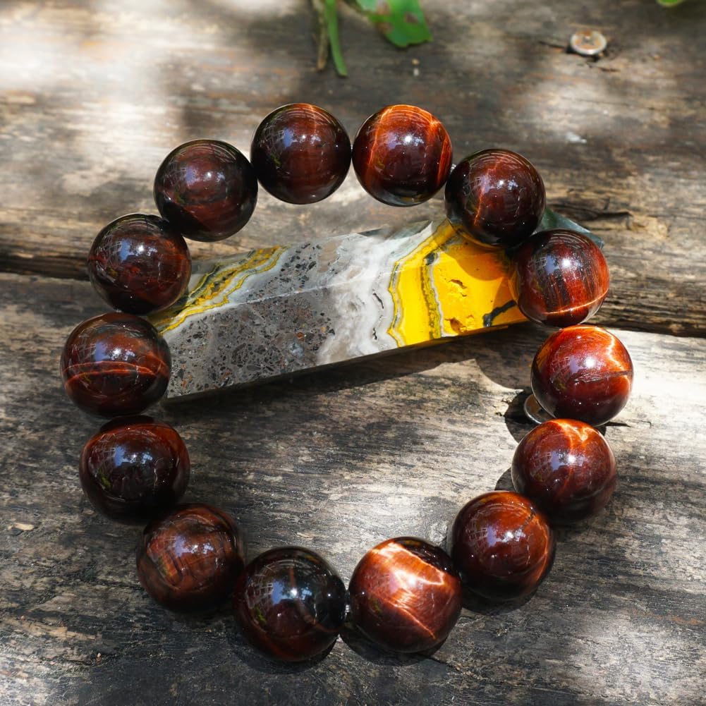TaHLga 18MM Red Tigers Eye Bracelet for Men Women| Natural Crystal Beads for 10 inch XXXLarge Wrist | With Velvet Bag, Gift Box, Repair Kit | Root Chakra Stone Energy Shield