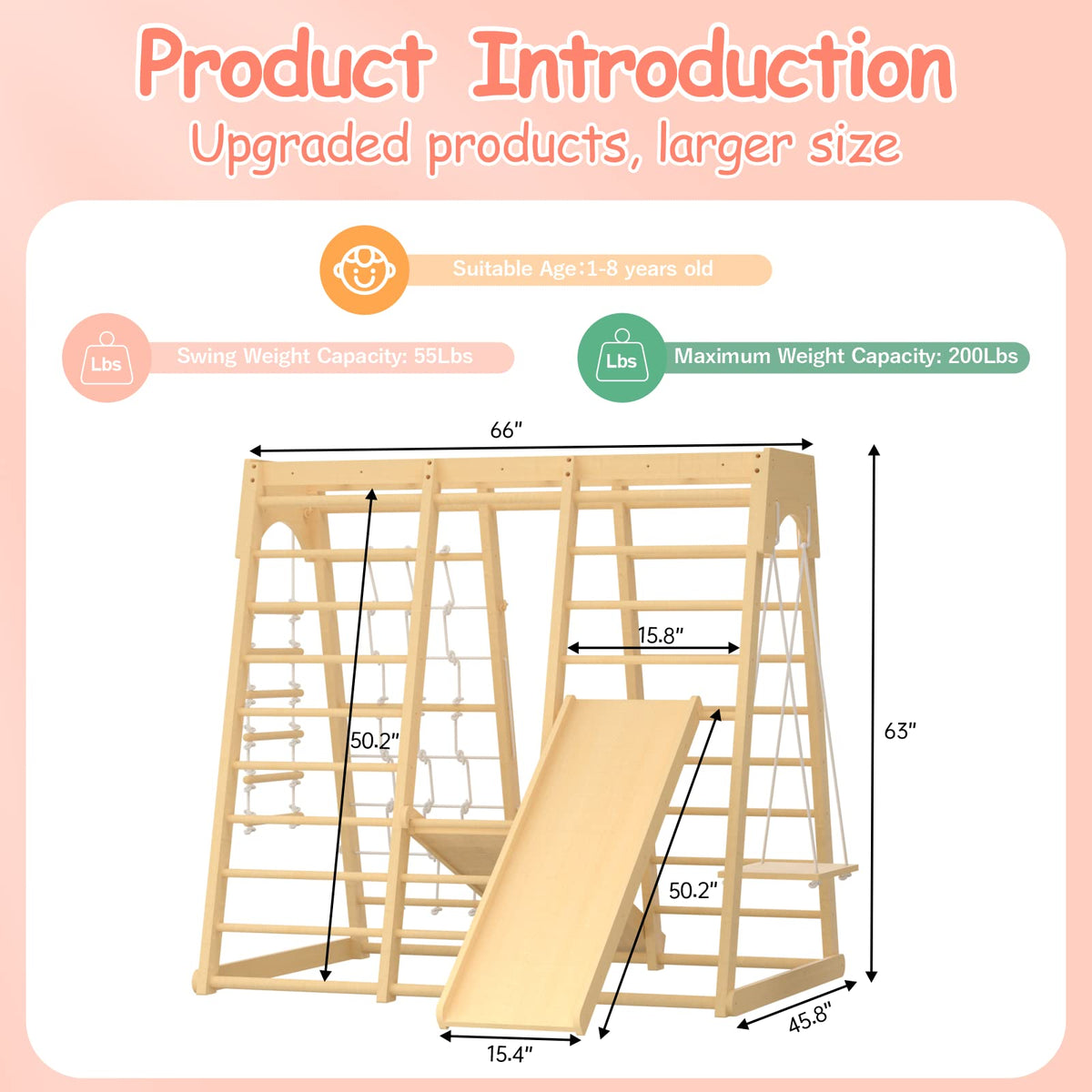 Toddler Jungle Gym, 66" Indoor Playground Set with Swing, Rock Climb Wall, Slide, Monkey Bars, Wood & Rope Ladder, Rope Wall Ladder for Kids 1-8yrs