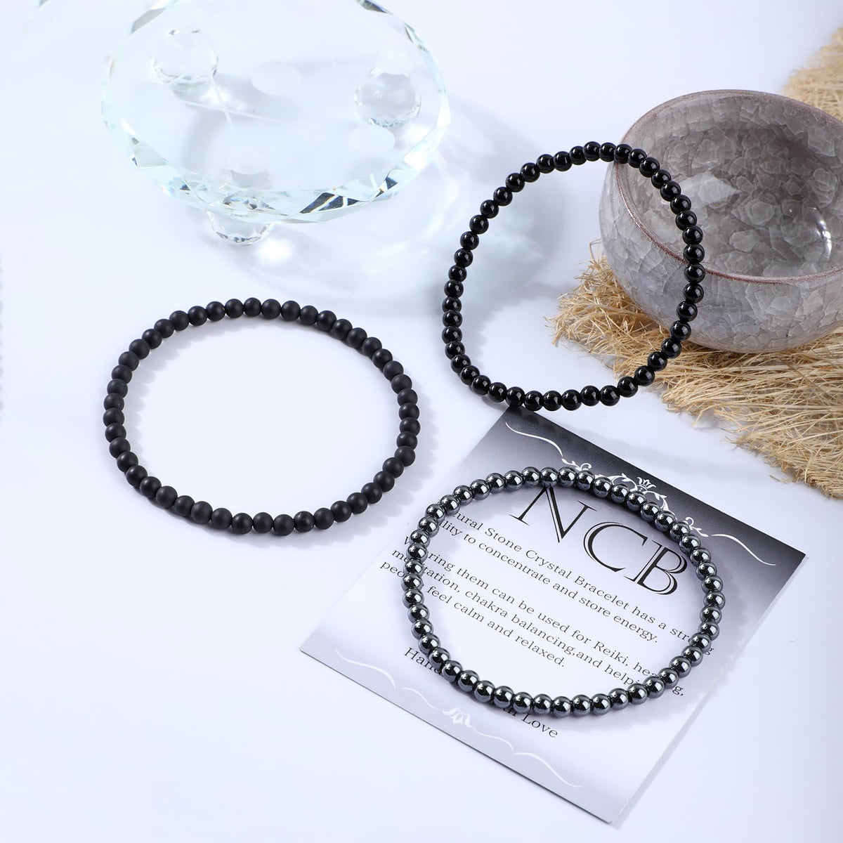 NCB 3-Piece 4mm Natural Crystal Gemstone Stretch Bracelets – ﻿Black Onyx, Hematite, Matte Black Agate Handmade Reiki Energy Healing Jewelry for Meditation,Yoga, Unisex