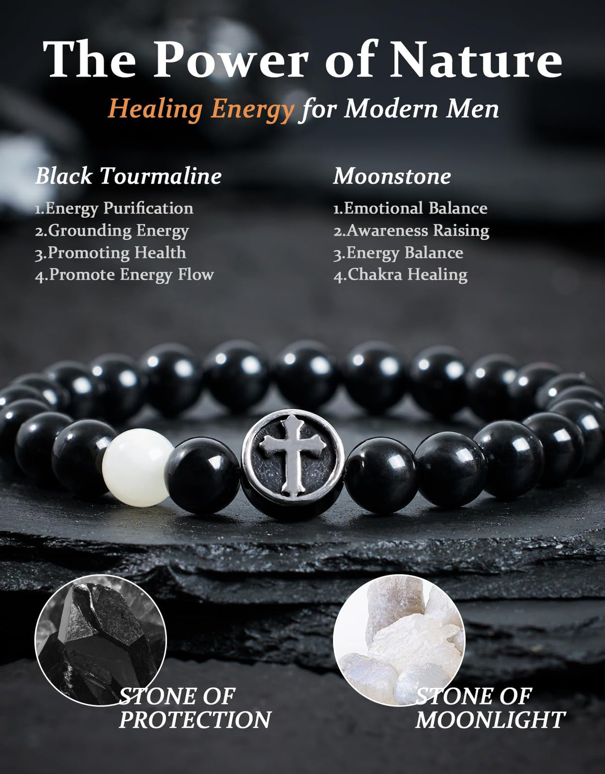 Landorilo Gifts for Men, 8mm Cross Natural Stone Beaded Bracelets, Black Tourmaline Healing Bracelet, Handmade Mens Jewelry Gift for Him, Husband, Son, Father, Friend(Happy Birthday-7.5in)