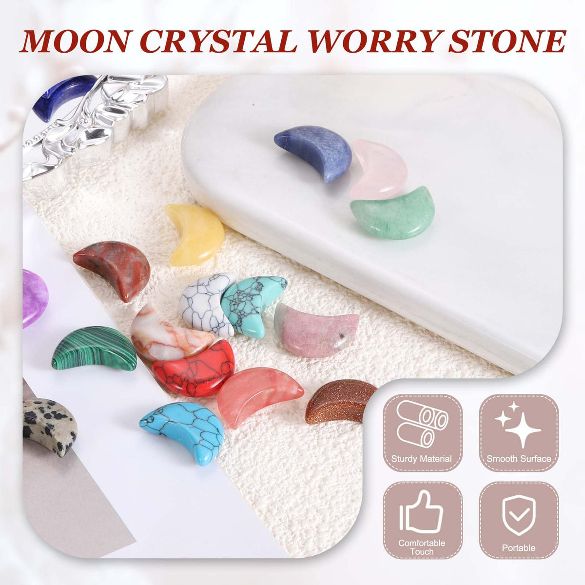 MECCANIXITY 10 Pcs Moon Crystal Worry Stone, 0.5 Inch Length Natural Watermelon Quartz Moon Gemstone Bulk, Carved Pocket Stones for Meditation Balancing Pendant Decor