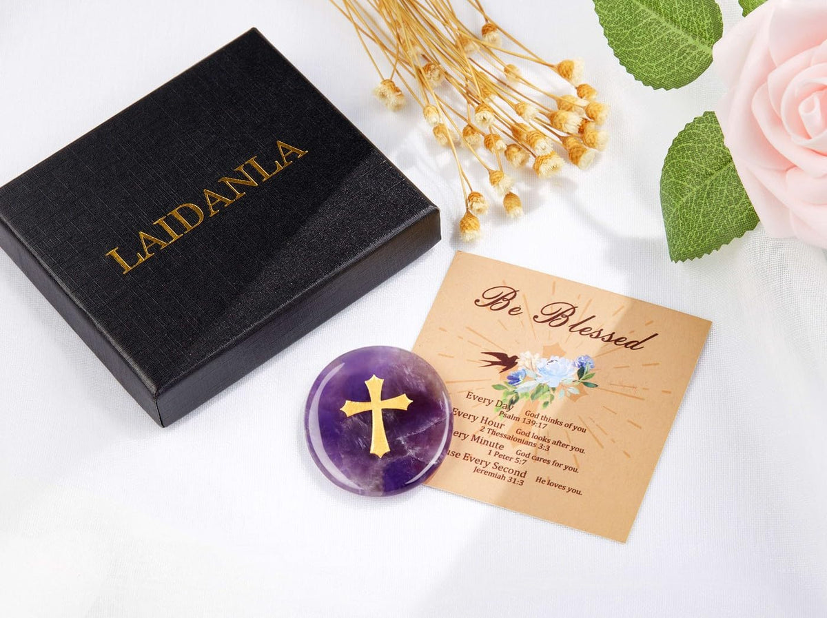 LAIDANLA Amethyst Cross Engraved Healing Crystal Worry Stones for Pray Faith Anxiety Relief Oval Palm Stone Polished Natural Crystal Gifts