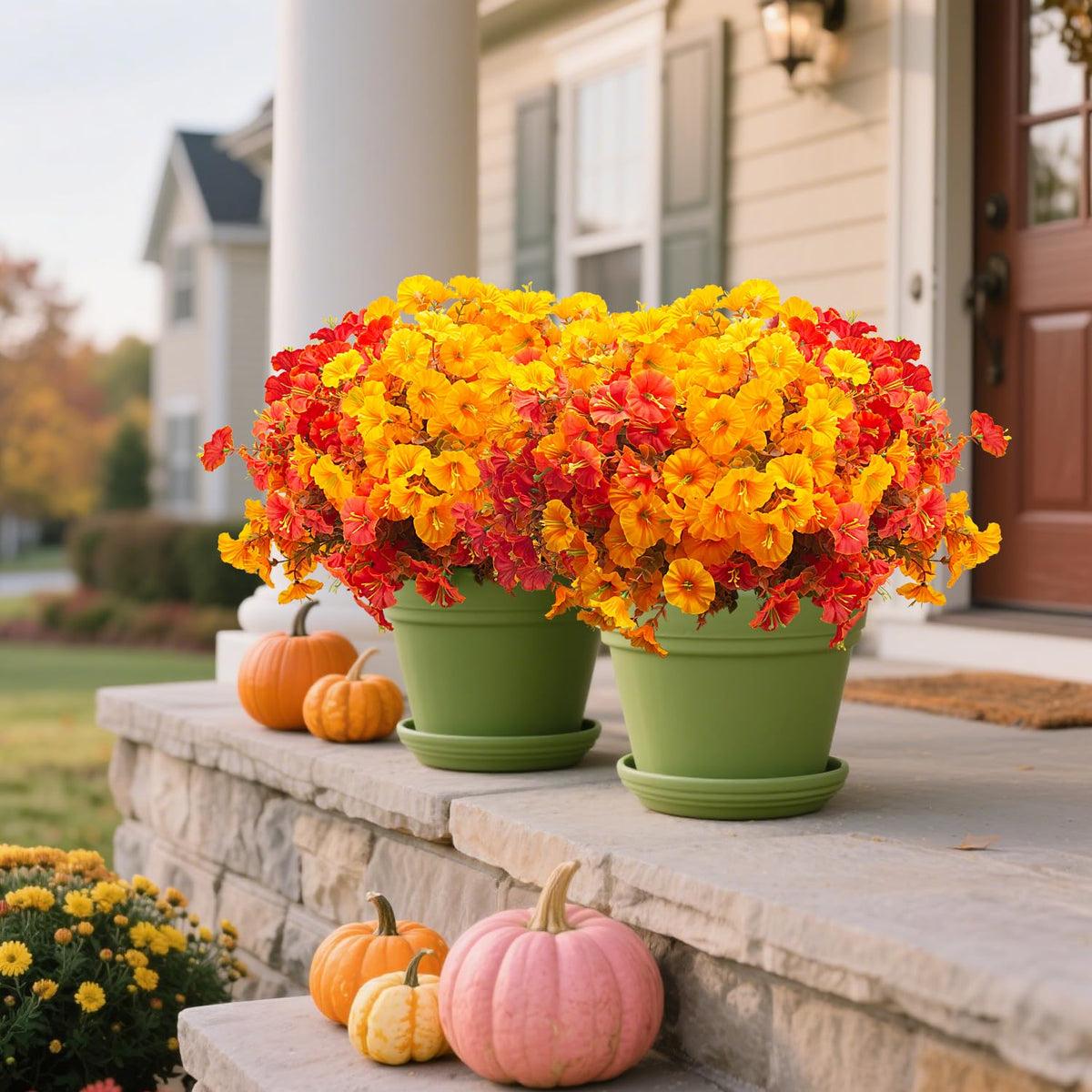 Grunyia 16 PCS Outdoor Fall Artificial Flower - Autumn Thanksgiving Halloween Porch Decor, Faux UV-Resistant Plants for Front Door, Wall, Fence, Fireplace Mantel Decorations