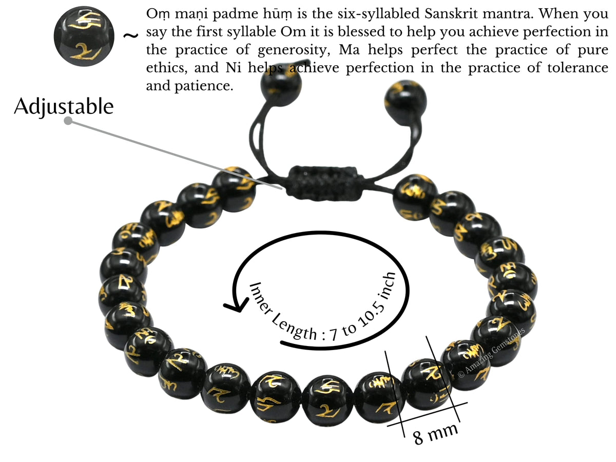 Amazing Gemstone Om Mani Black Agate Bracelet for Women Men's Gifts - Protection Healing Crystal Bracelet - 8mm Gemstones Beaded Adjustable Bracelet Pulseras Para Hombres Mujer Stocking Stuffers