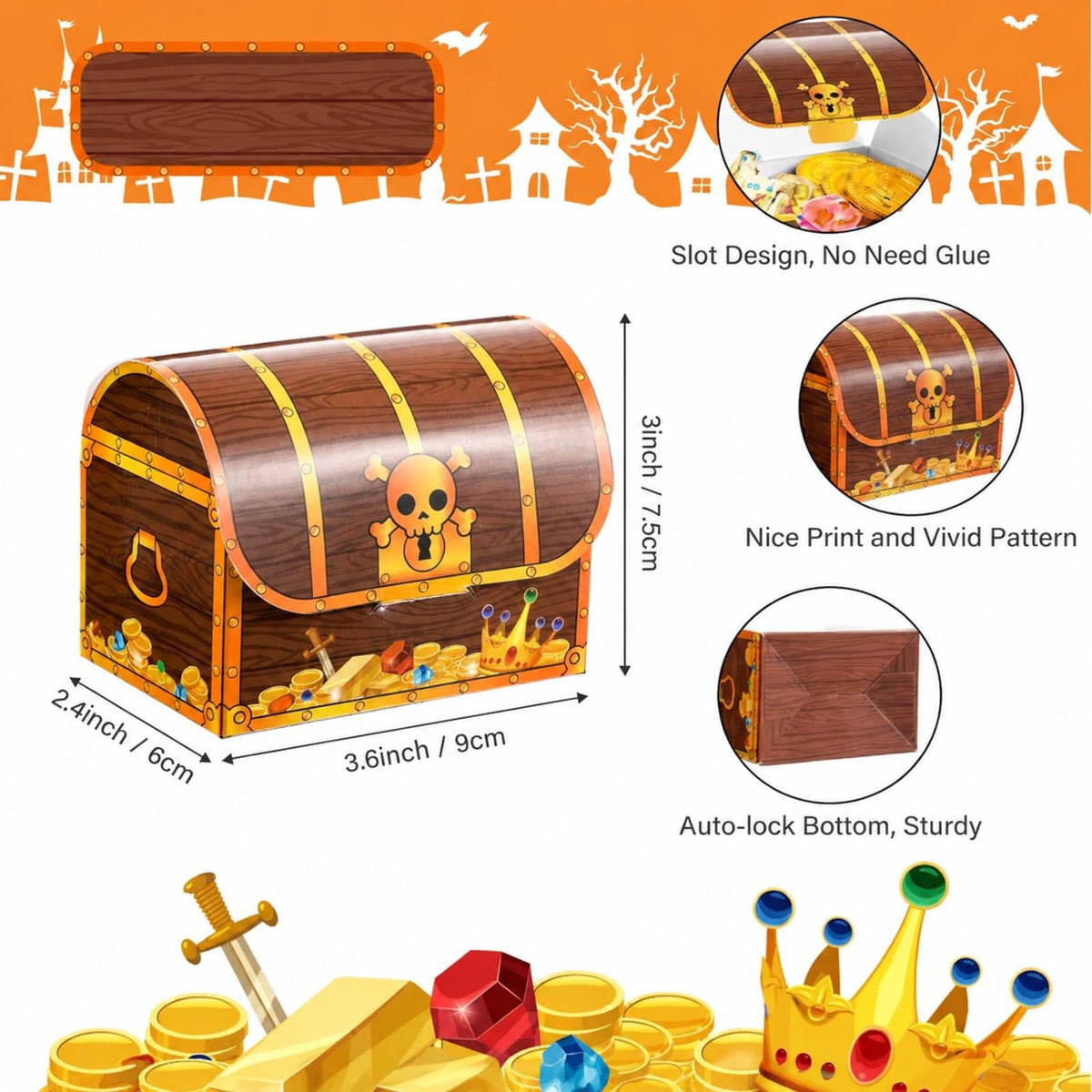 Chinco Treasure Treat Chest Boxes Cardboard Pirate Treasure Chest Party Favor Box Present Goodie Boxes for Halloween Game Pirate Theme Party（48 Pcs）