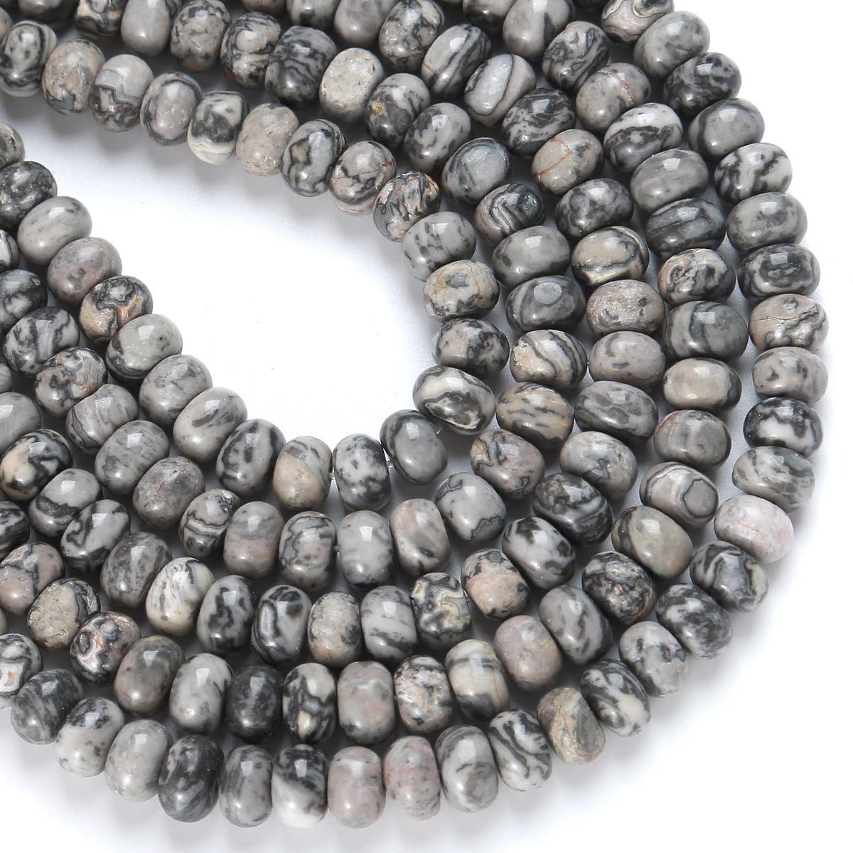 76pcs 5x8mm Natural Stone Gray Map Jasper Rondelle Spacer Loose Beads Abacus Disk Stone Round Loose Gemstone Beads for Jewelry Making DIY Bracelet Necklace
