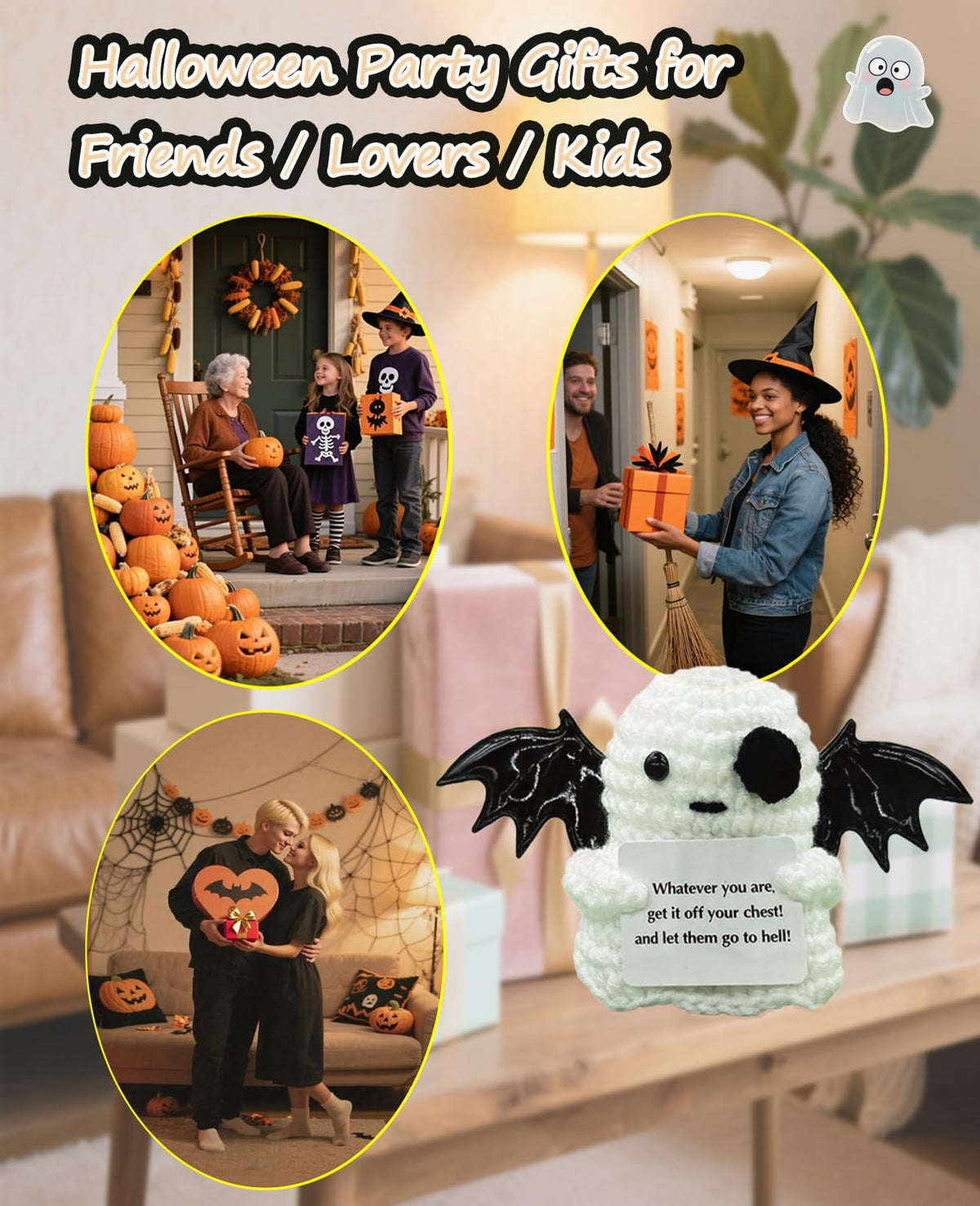 2 Packs Cute Crochet Gifts Decor for Men Women Kids, Positive Crochet Animals Emotional Support Handmade Mini Ghost Dolls with Positive Cards Basket Stuffers for Desk Home Decor