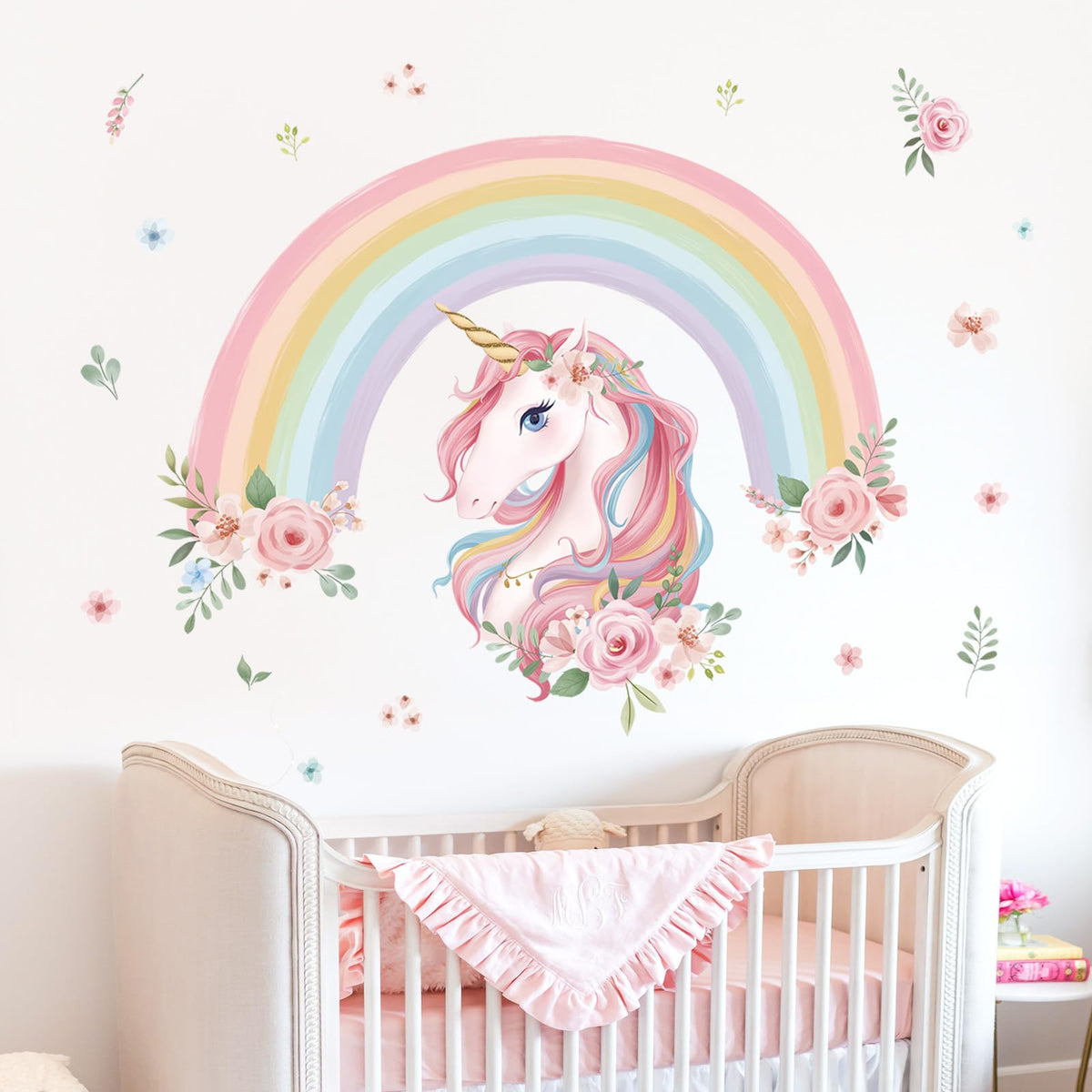 wondever Large Rainbow Wall Decals Unicorn Flower Peel and Stick Wall Art Stickers for Girls Bedroom Kids Room Baby Nursery