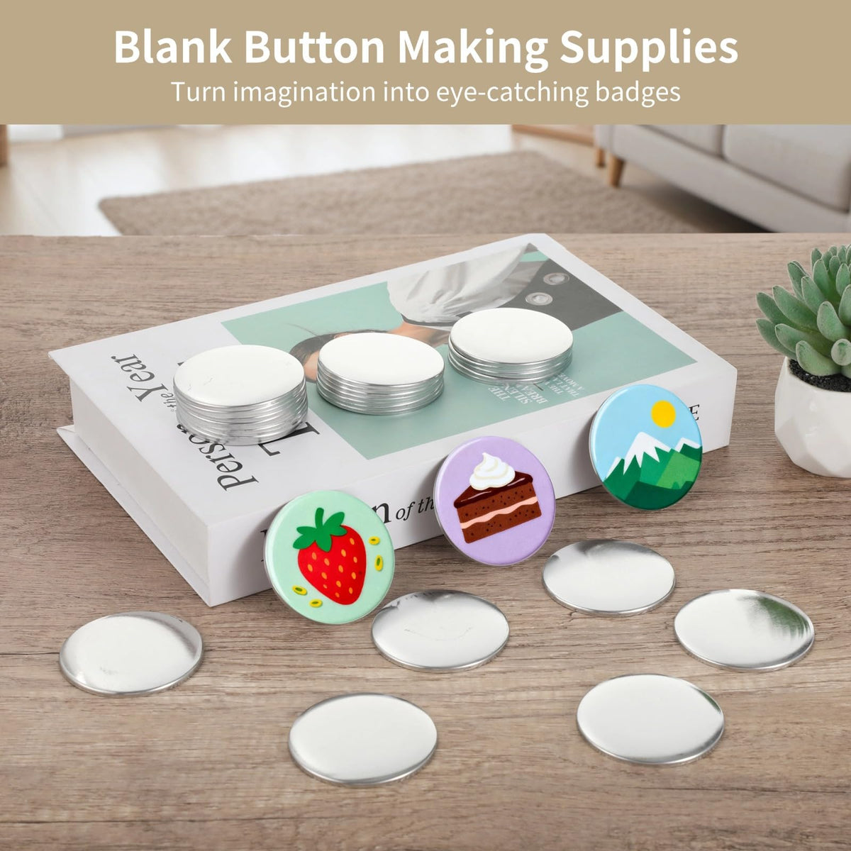 100 Sets Blank Button Making Supplies, Blank Button Badge with Metal Shells, Clear Mylar, Pin Backs, DIY Badges for Personalized Crafts, Party Favors, 58 mm/ 2.3 in