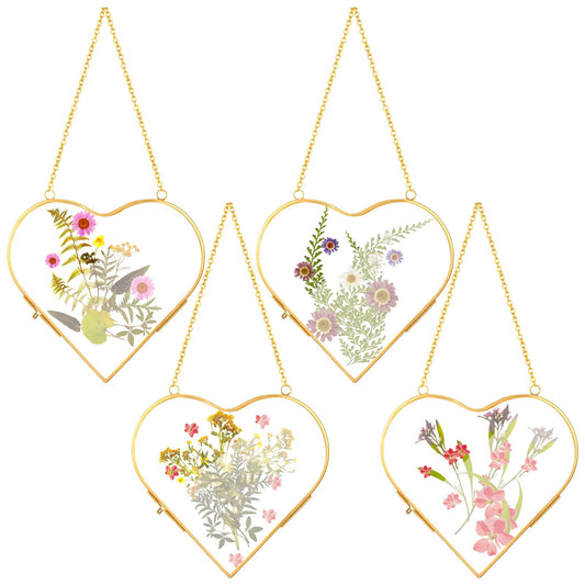 Cinnvoice 4 Pcs Pressed Flower Frames Heart Shaped Double Glass Frames with Metal Chain Wall Hanging Vintage Gallery Decor for Pressed Dried Flowers Plants(5.3 x 5.3 Inch,Gold)