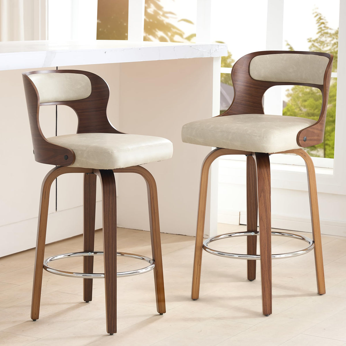 ClinQ Counter Height Bar Stools 26" Barstools with Bentwood Legs and Back, Faux Leather 360° Swivel Counter Stools, Mid Century Accent Bar Stools Set of 4 for Kitchen, Restaurant, Grey