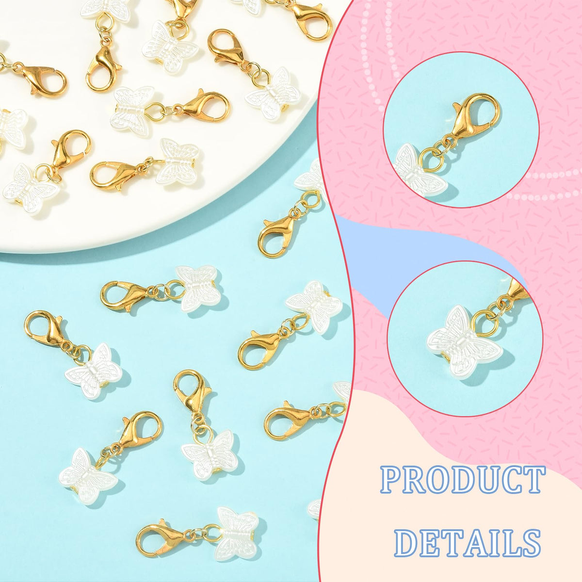 LEGENTLISUR 100PCS Butterfly Charms for Jewelry Making White Clip on Charms Acrylic Pendant with Lobster Clasps for Stitch Markers DIY Earrings Bracelet Crafts