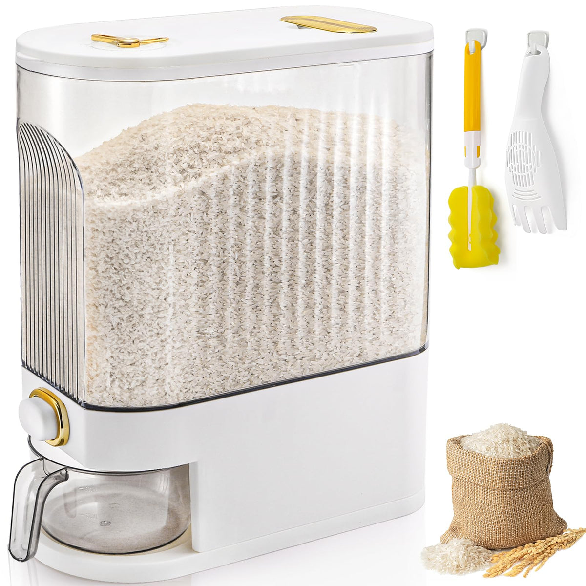 Cididu Clear Rice Holder Dispenser, 22 Lbs Large Grain Storage Container with Measuring Cup, Cylinder Household Food Dispenser Bucket Kitchen Organization for Cereal Oatmeal Coffee Bean Soybean Corn