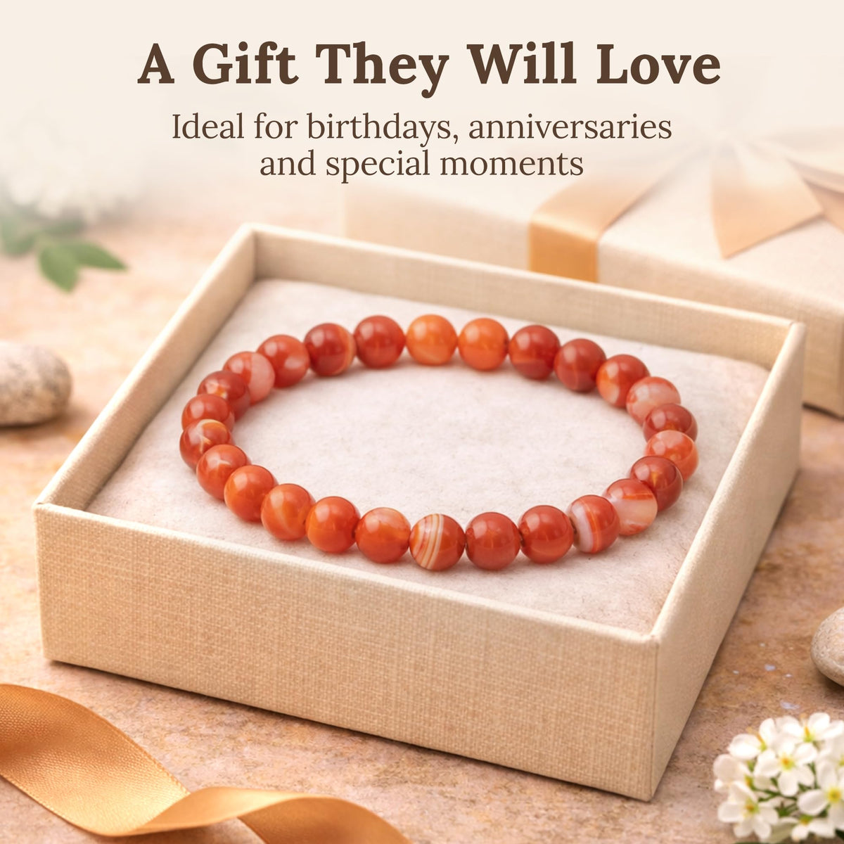 Elm City Direct 8mm Natural Stone Beaded Bracelet – Unisex Crystal Stretch Bracelets for Men & Women, Chakra & Healing Jewelry, Gift-Ready Beaded Bracelets (Red Sardonyx, 8mm)