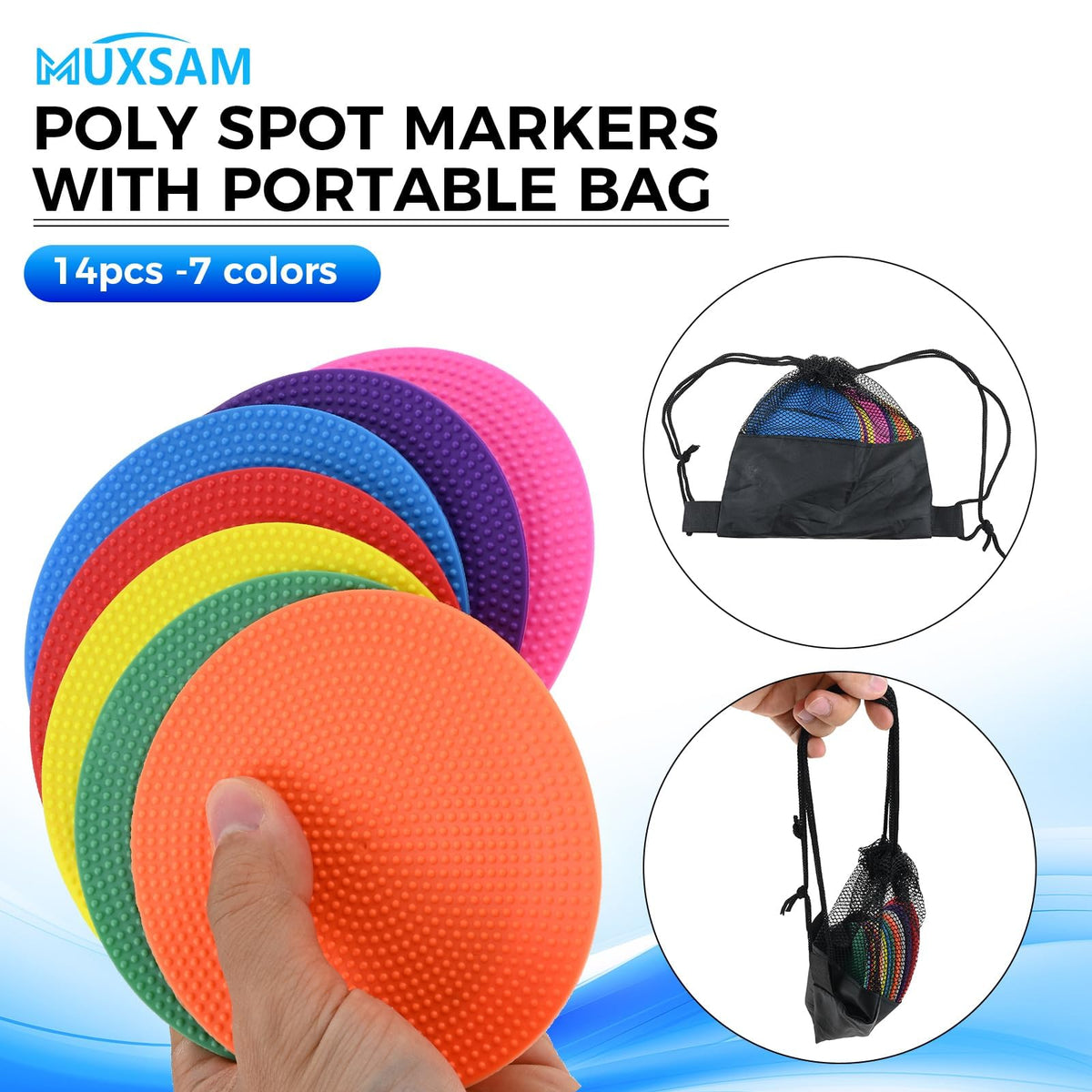 MUXSAM 14Pcs Spot Markers for Agility Dot Gym PE Training Dance, 10cm/4in Flat Disc Markers, Soccer Cones, Field Court Markers, Football Training Equipment with Bag for Games Floor Dots Sport