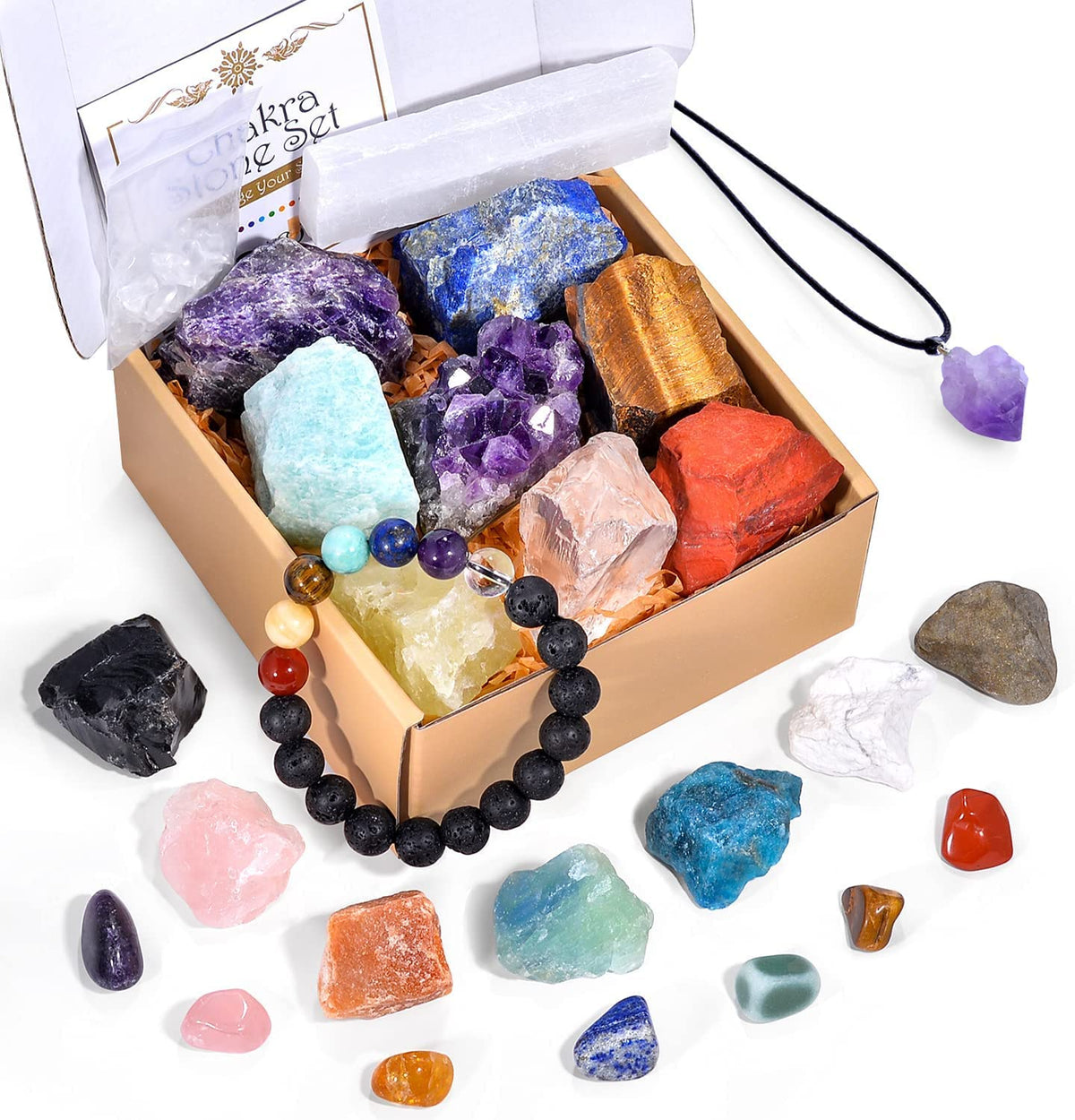 AOOVOO 26 PCS Crystals and Healing Stones, Healing Crystals Gift Set, 7 Raw Chakra Stone, 7 Tumbled Gemstones, Crystal Amethyst Necklace, Selenite Plate, Lava Bracelet, Clear Quartz, Gift Box