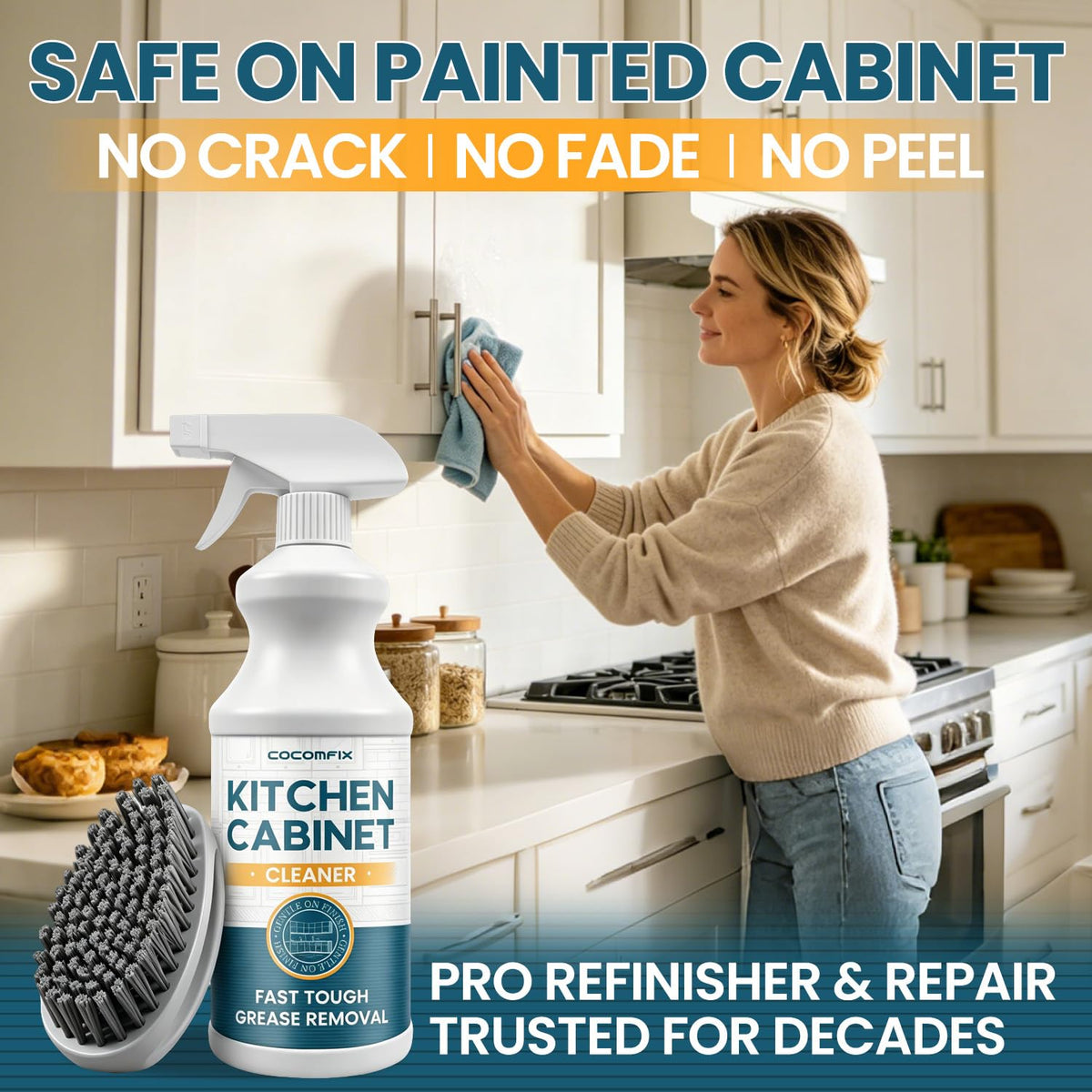 cocomfix Kitchen Cabinet Cleaner, Tough & Gentle Degreaser for Wood, Painted Kitchen Cabinet & Furniture, Grime & Grease Remover – No Residue, No Streaks, with Soft Scrub Brush – 32oz